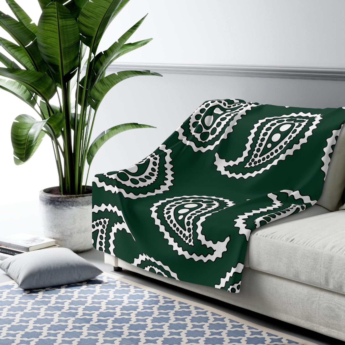 Dark Green, White Retro Paisley Blanket Throw