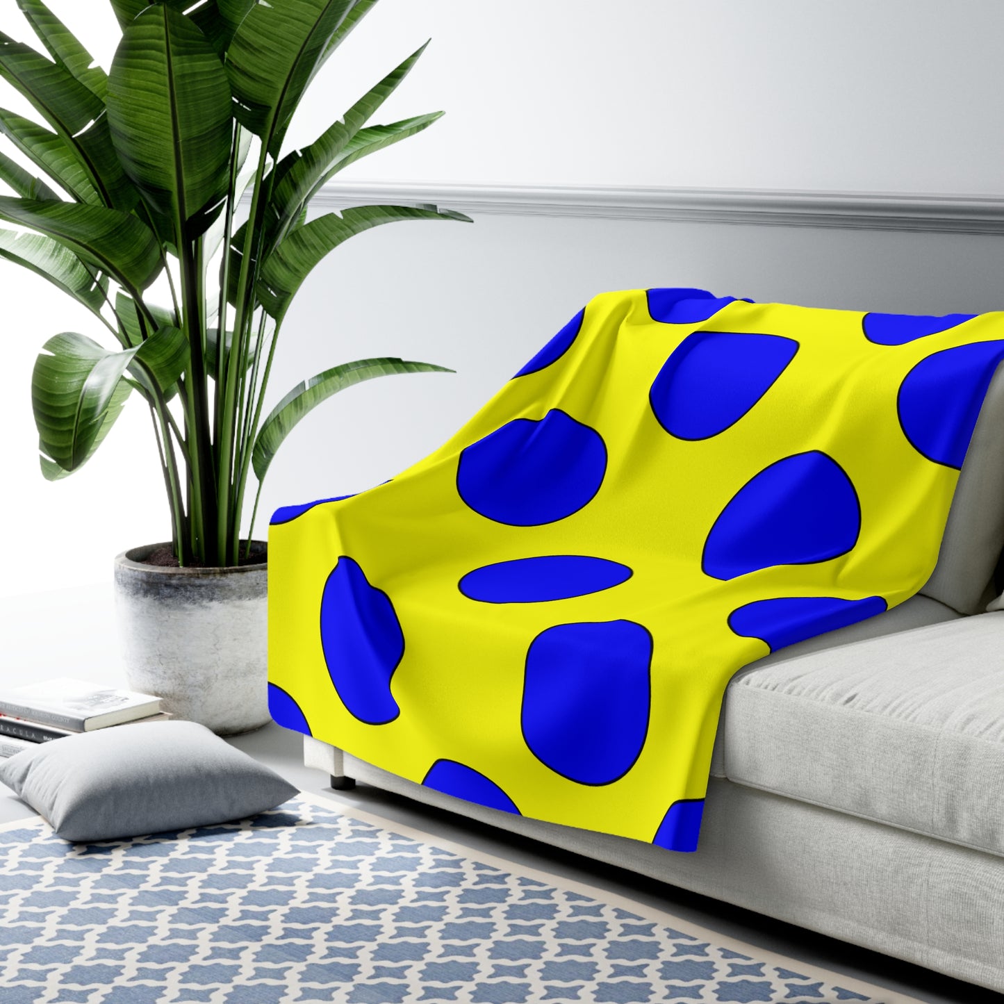 Yellow, Blue Retro Polka Dots Blanket Throw