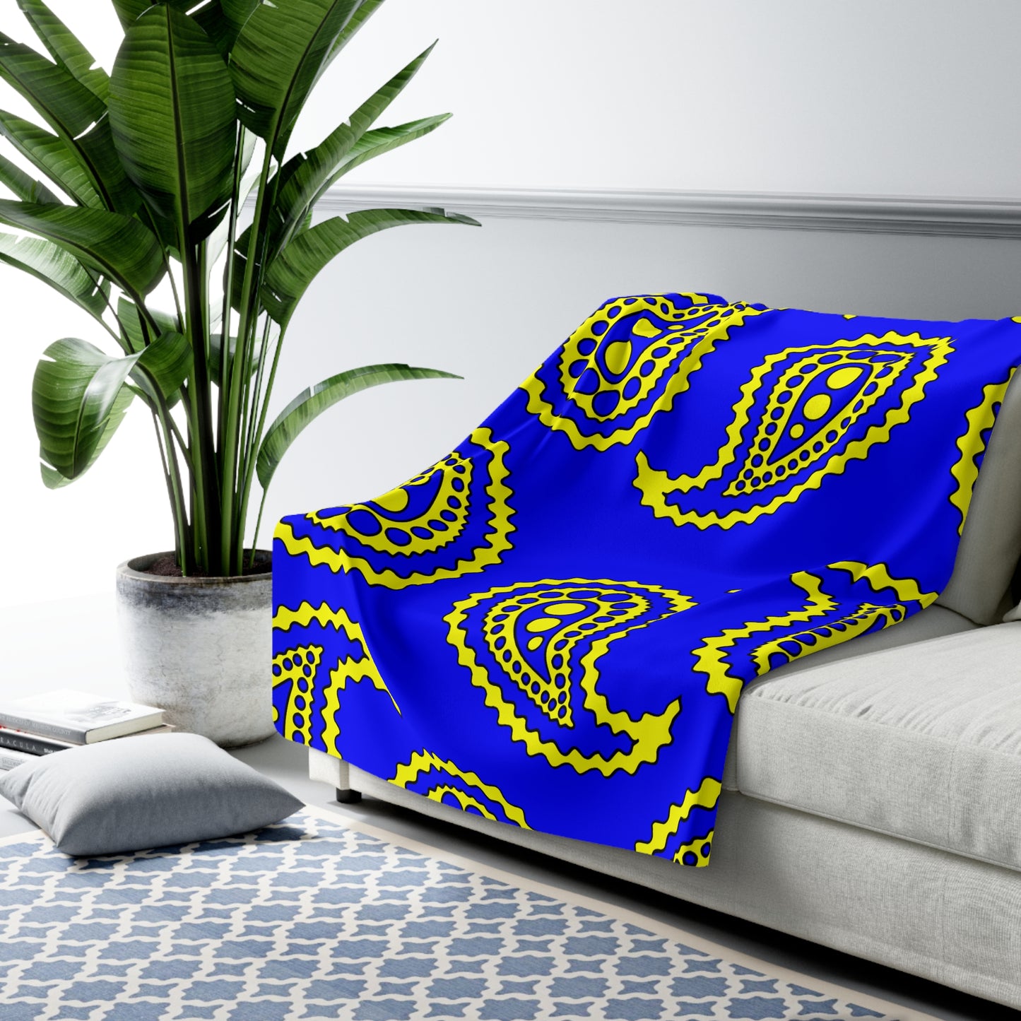 Blue, Yellow Retro Paisley Blanket Throw