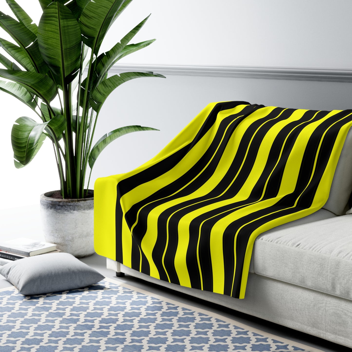 Yellow, Black Retro Stripes Blanket Throw