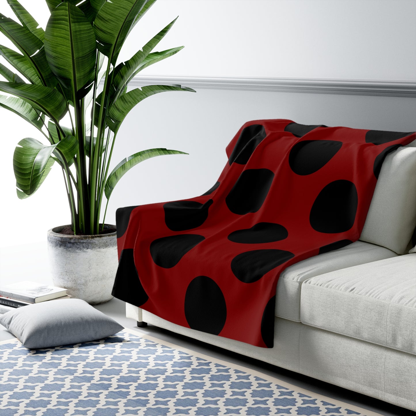 Maroon, Black Retro Polka Dots Blanket Throw
