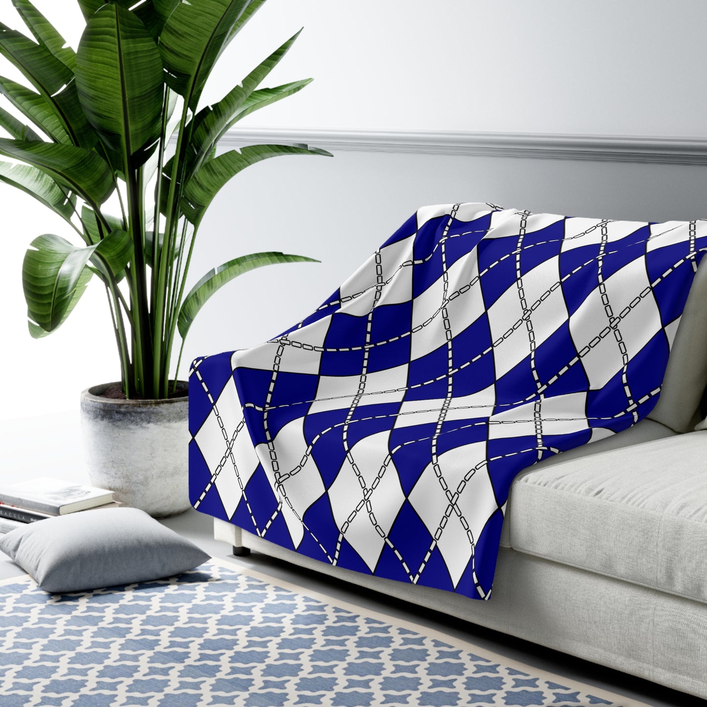 Dark Blue, White Retro Argyle Blanket Throw