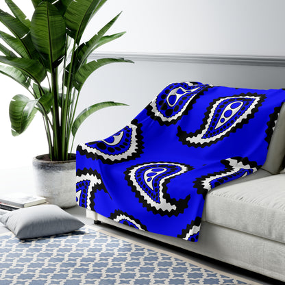 Blue, Black, White Retro Paisley Blanket Throw