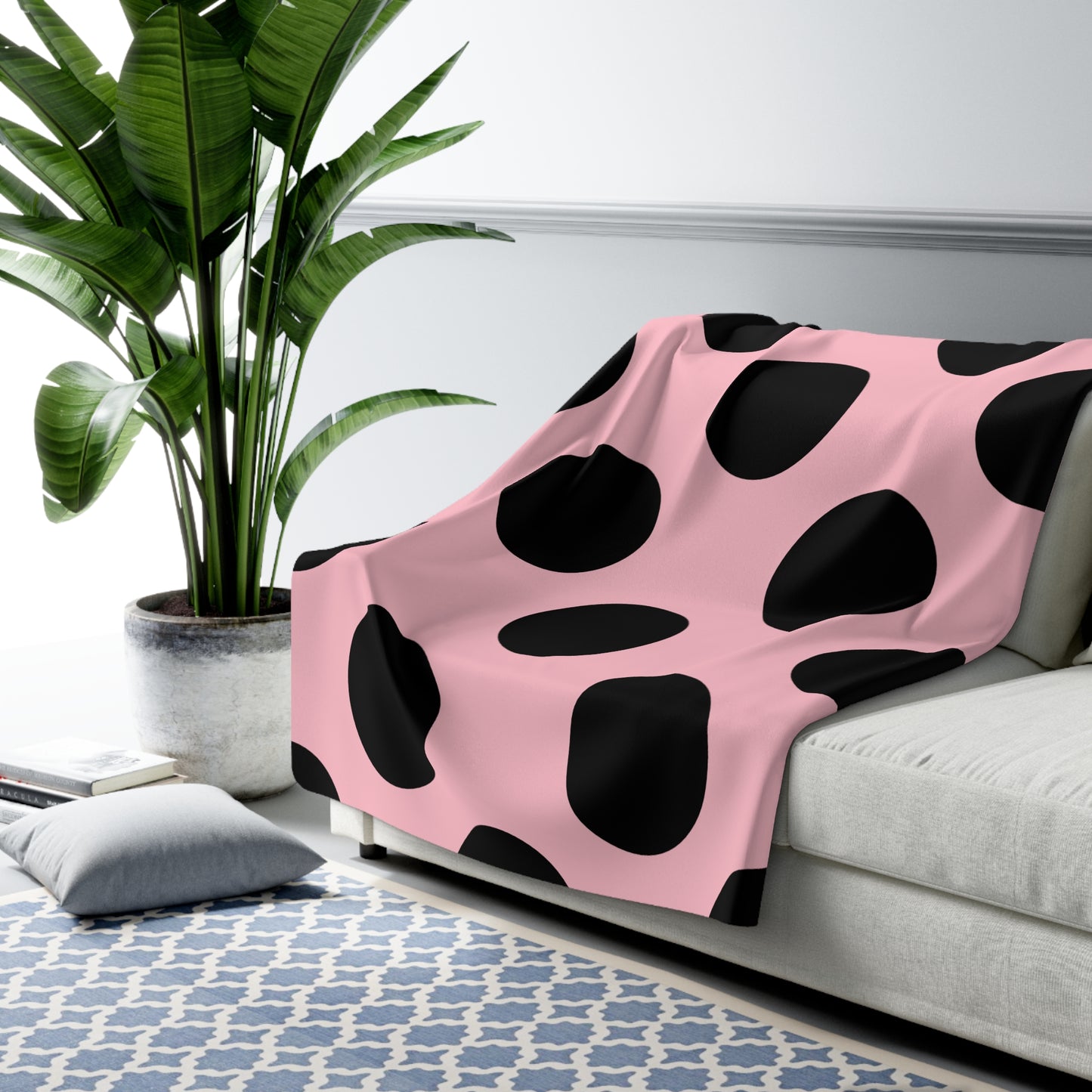 Pink, Black Retro Polka Dots Blanket Throw
