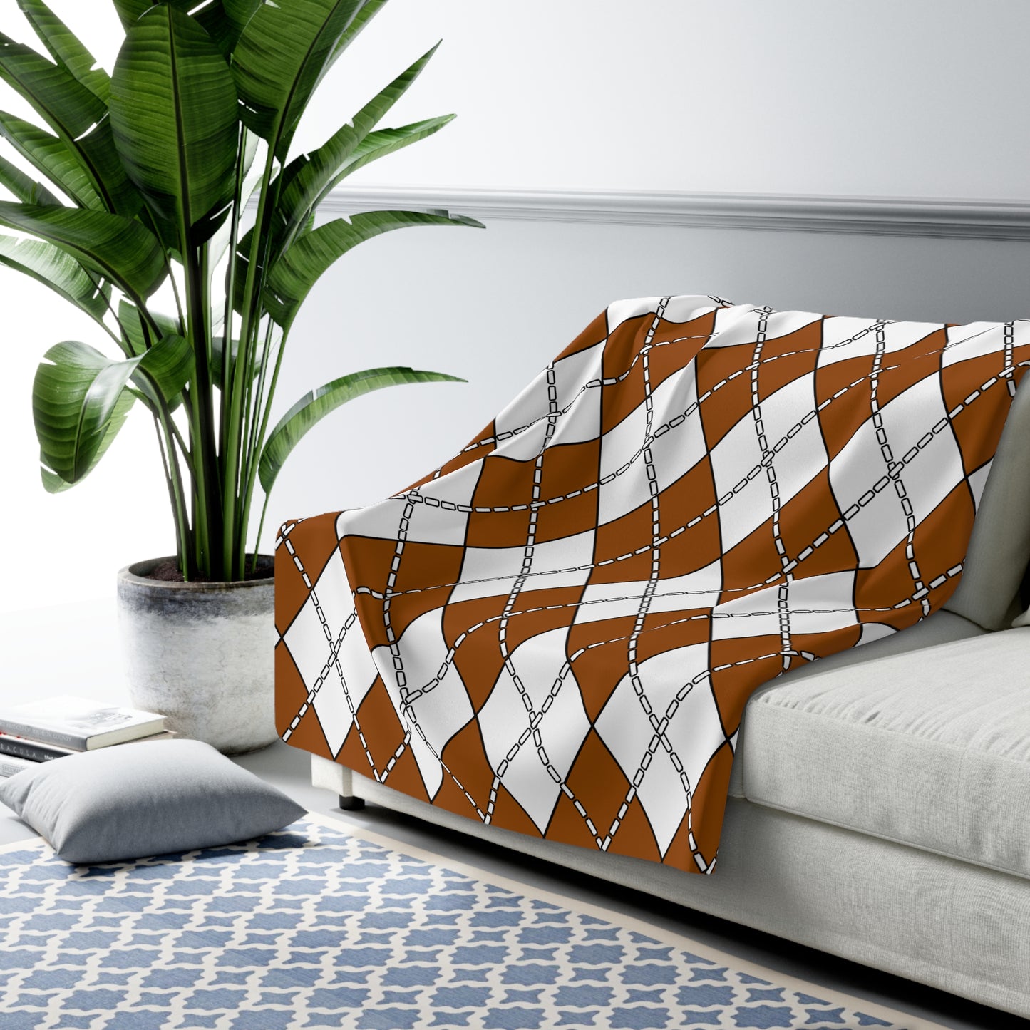 Brown, White Retro Argyle Blanket Throw