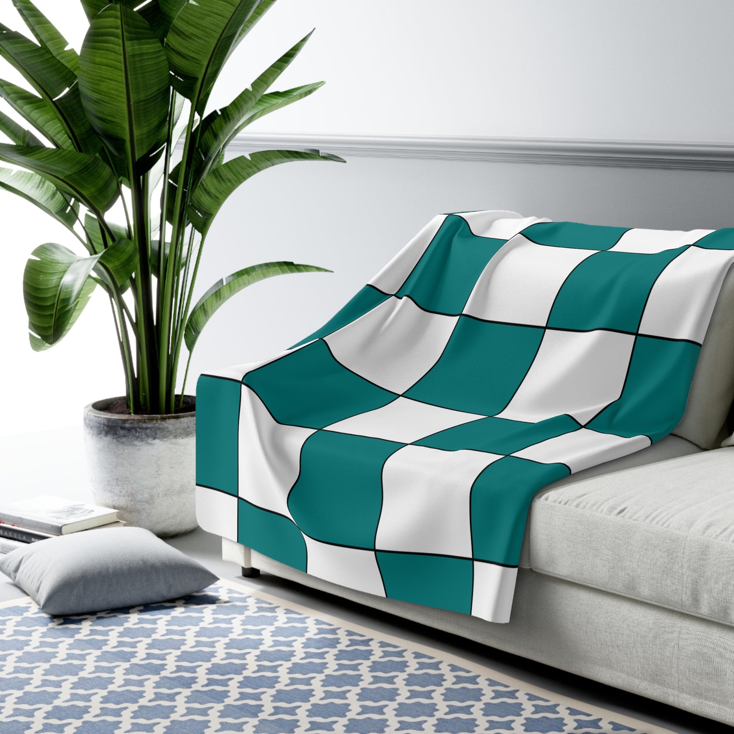 Teal, White Retro Check Blanket Throw