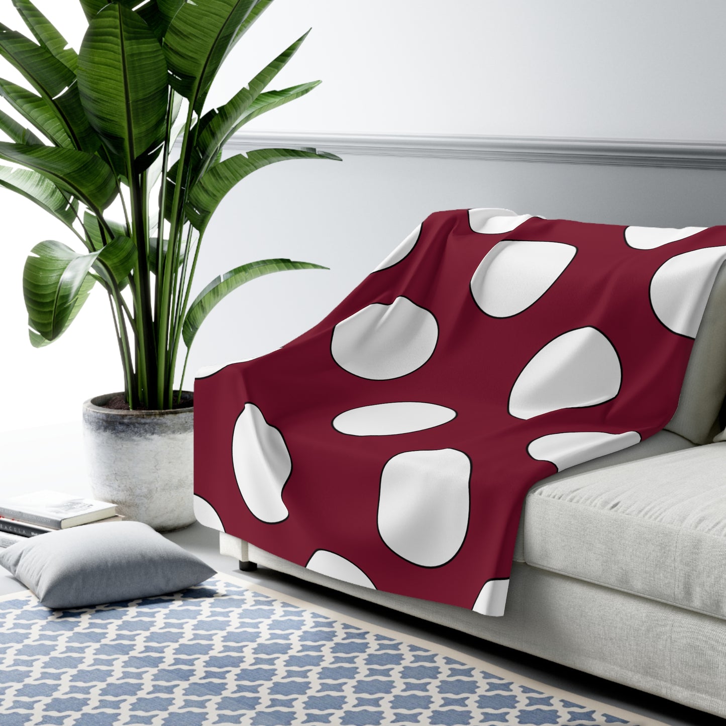Claret, White Retro Polka Dots Blanket Throw
