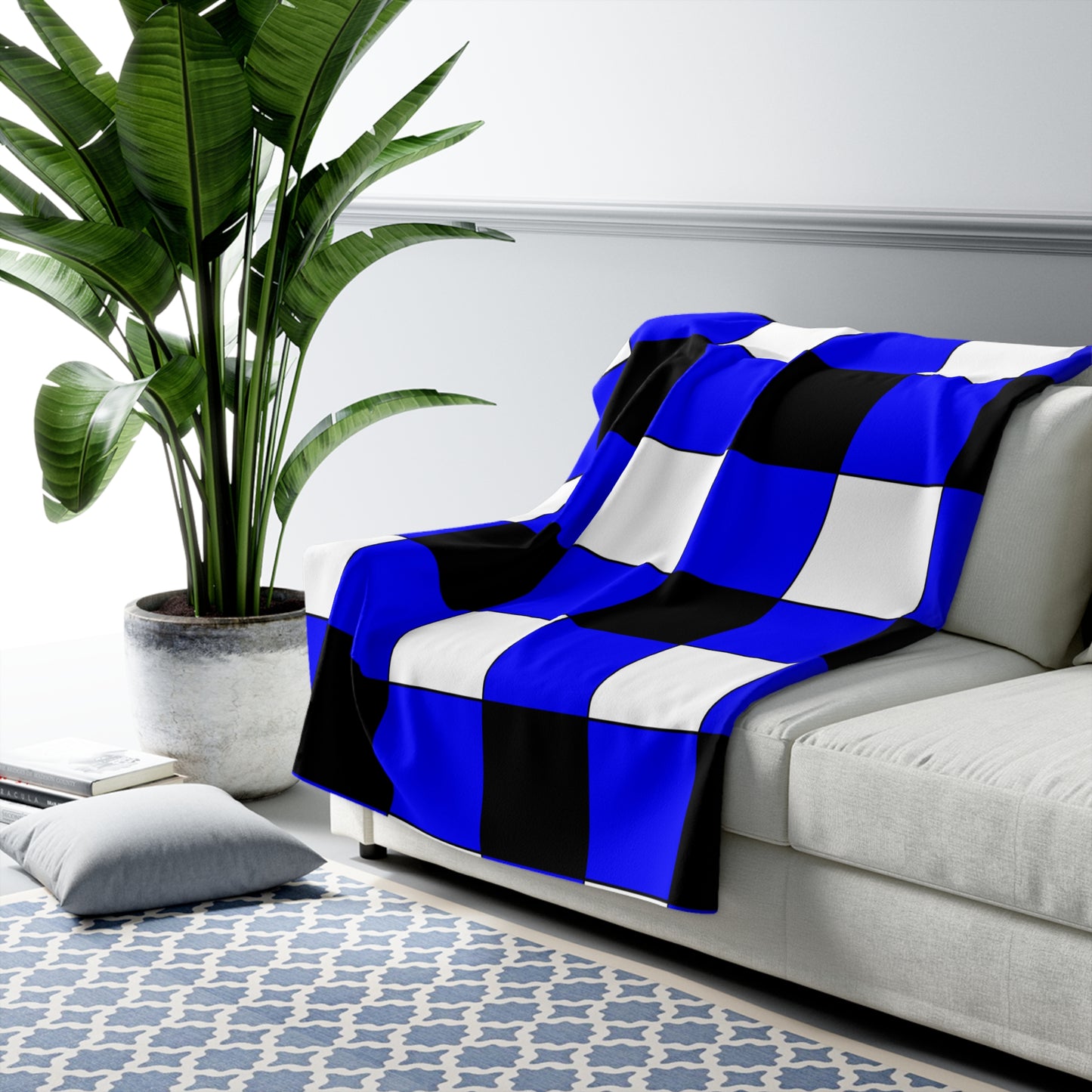 Blue, Black, White Retro Check Blanket Throw