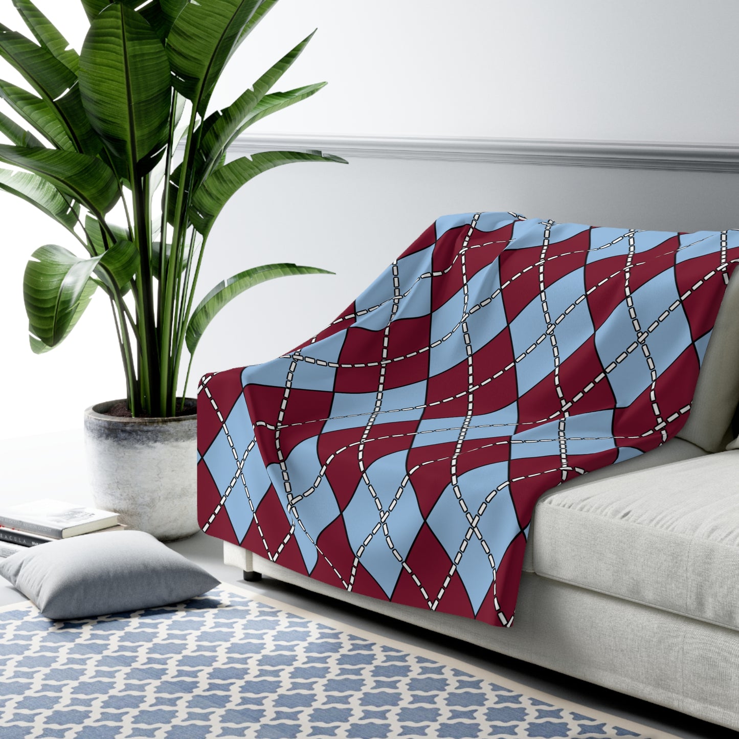 Claret, Blue Retro Argyle Blanket Throw