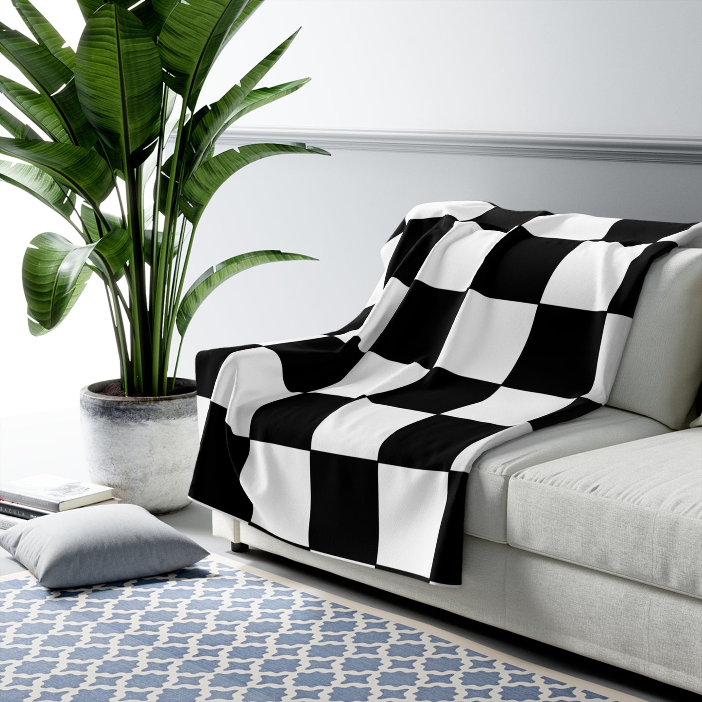 White, Black Retro Check Blanket Throw