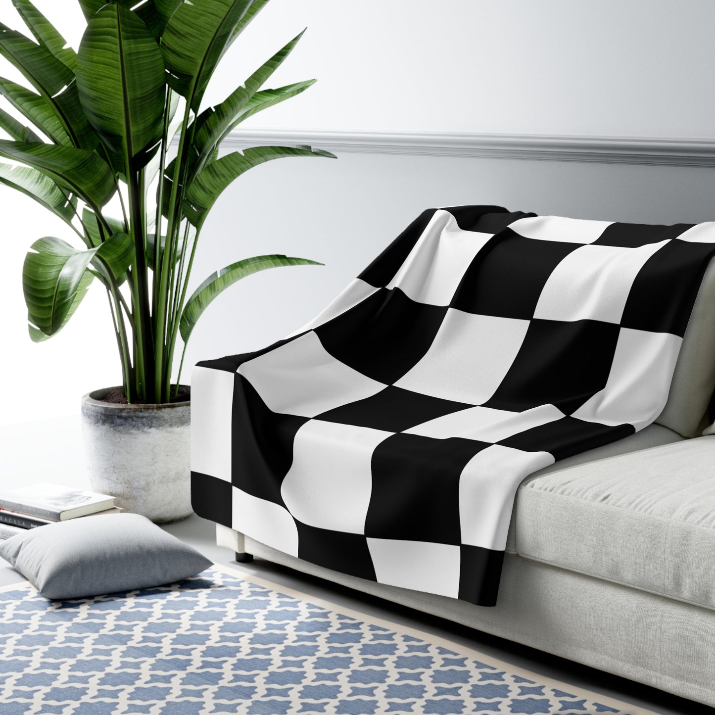 White, Black Retro Check Blanket Throw