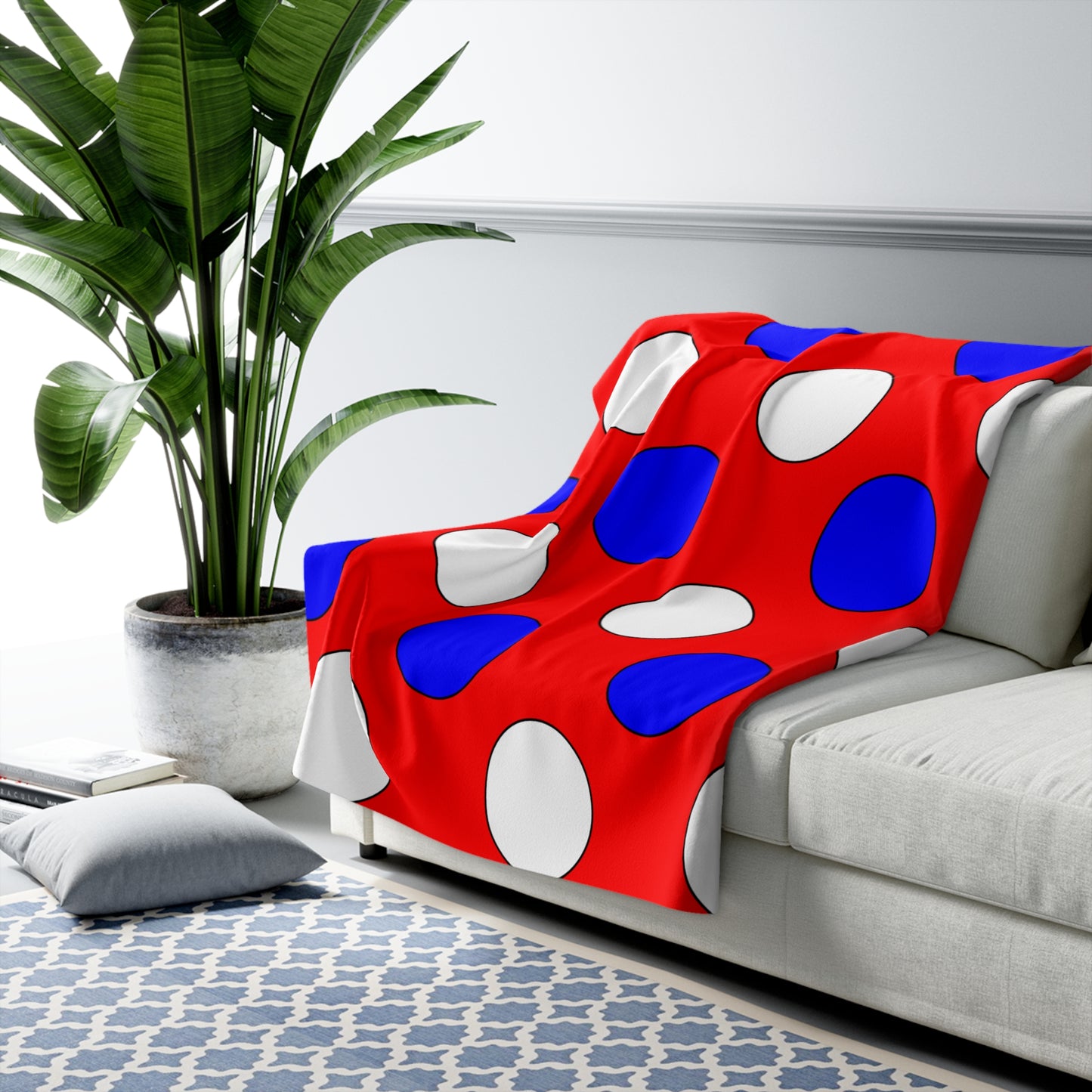 Red, White, Blue Retro Polka Dots Blanket Throw