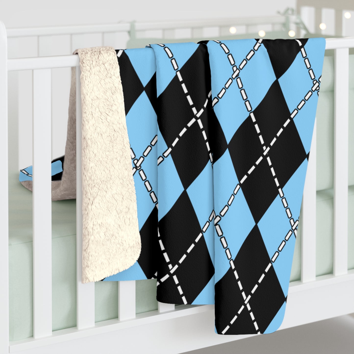 Light Blue, Black Retro Argyle Blanket Throw