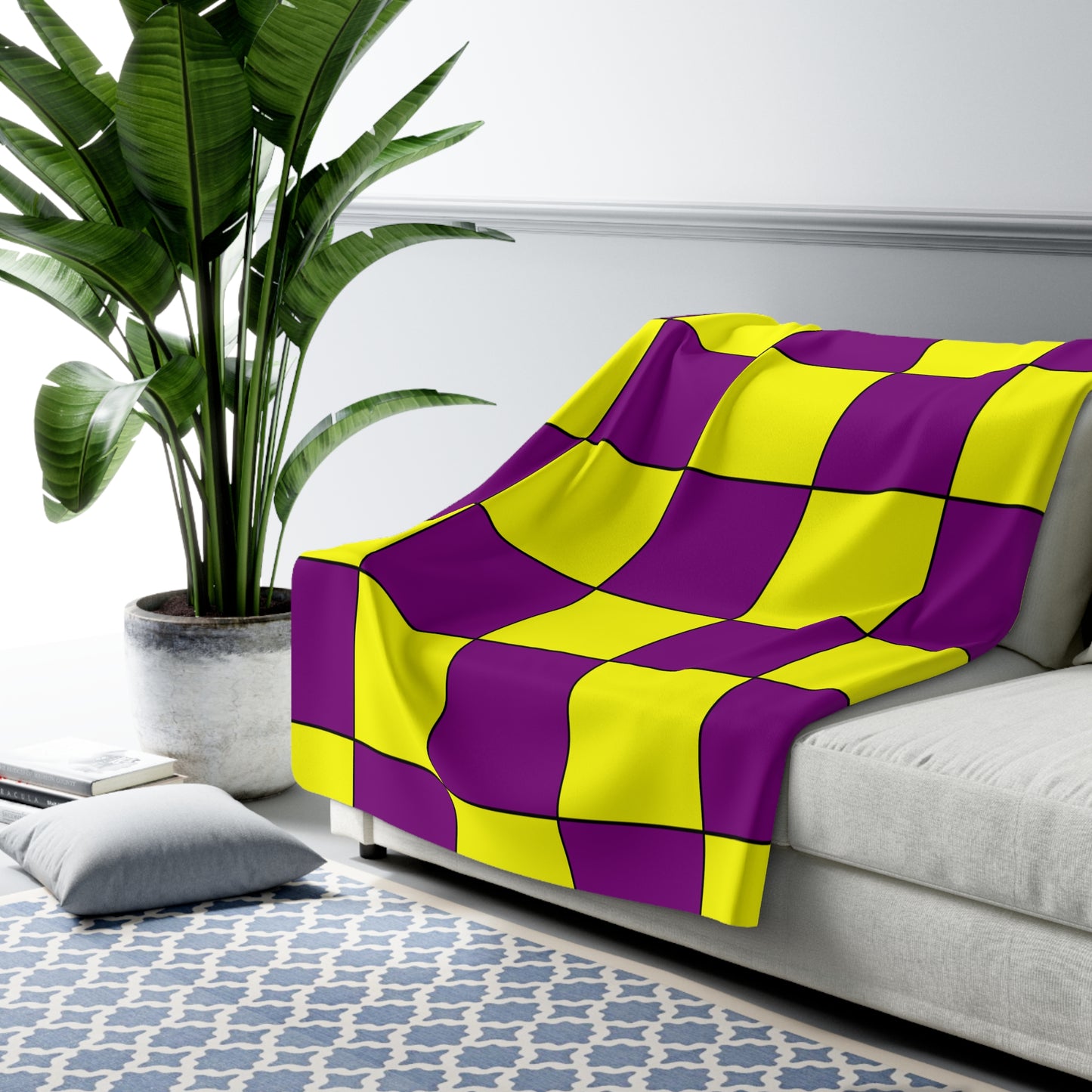 Purple, Yellow Retro Check Blanket Throw
