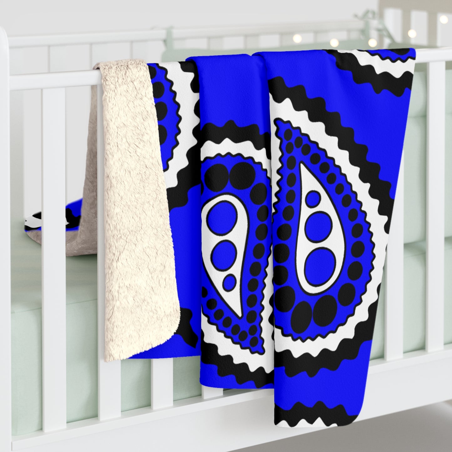 Blue, Black, White Retro Paisley Blanket Throw