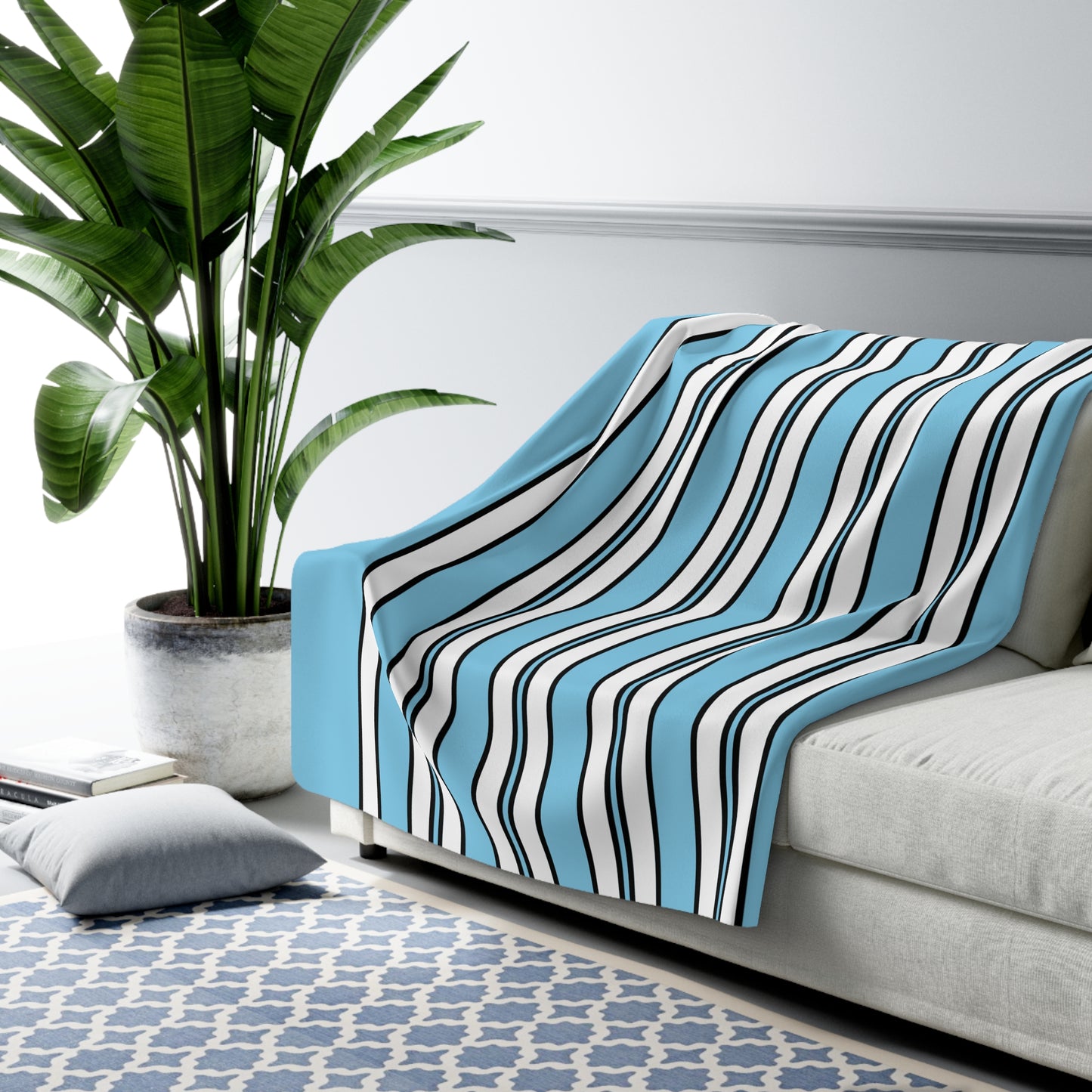 Sky Blue, White Retro Stripes Blanket Throw