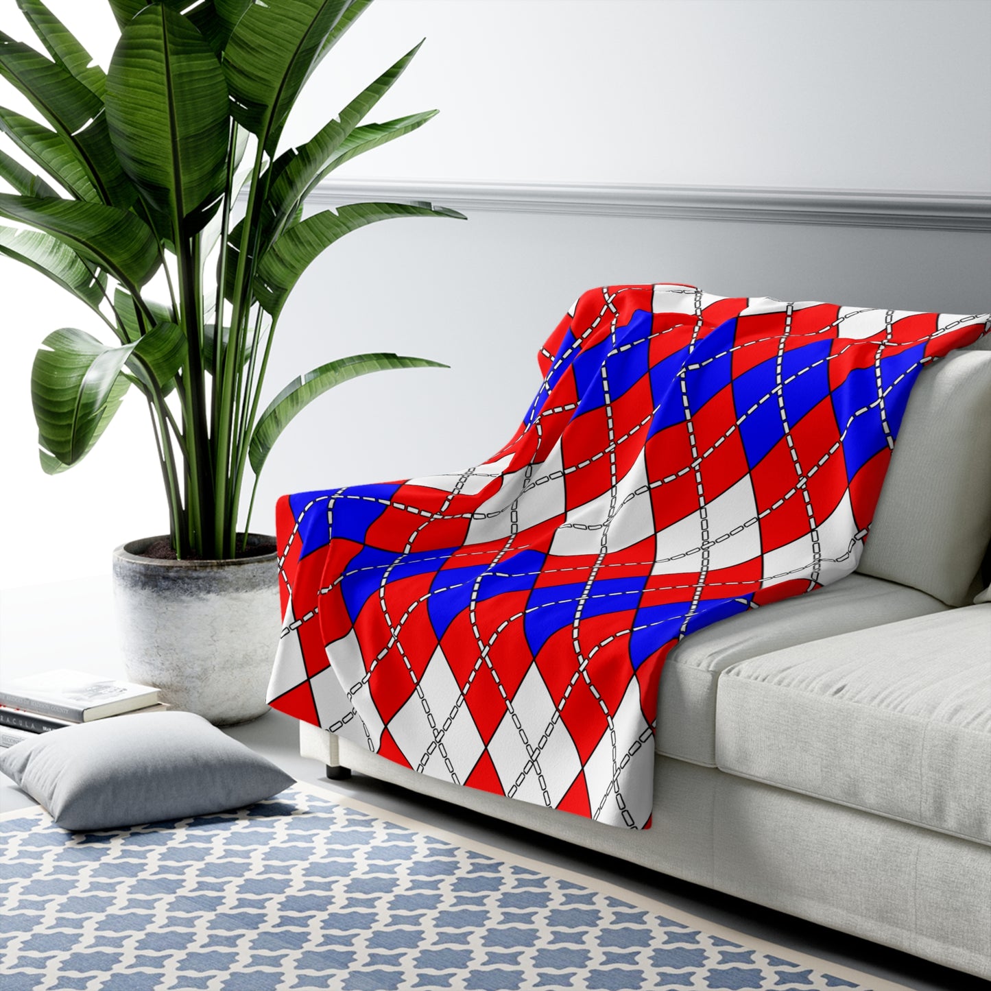 Red, White, Blue Retro Argyle Blanket Throw