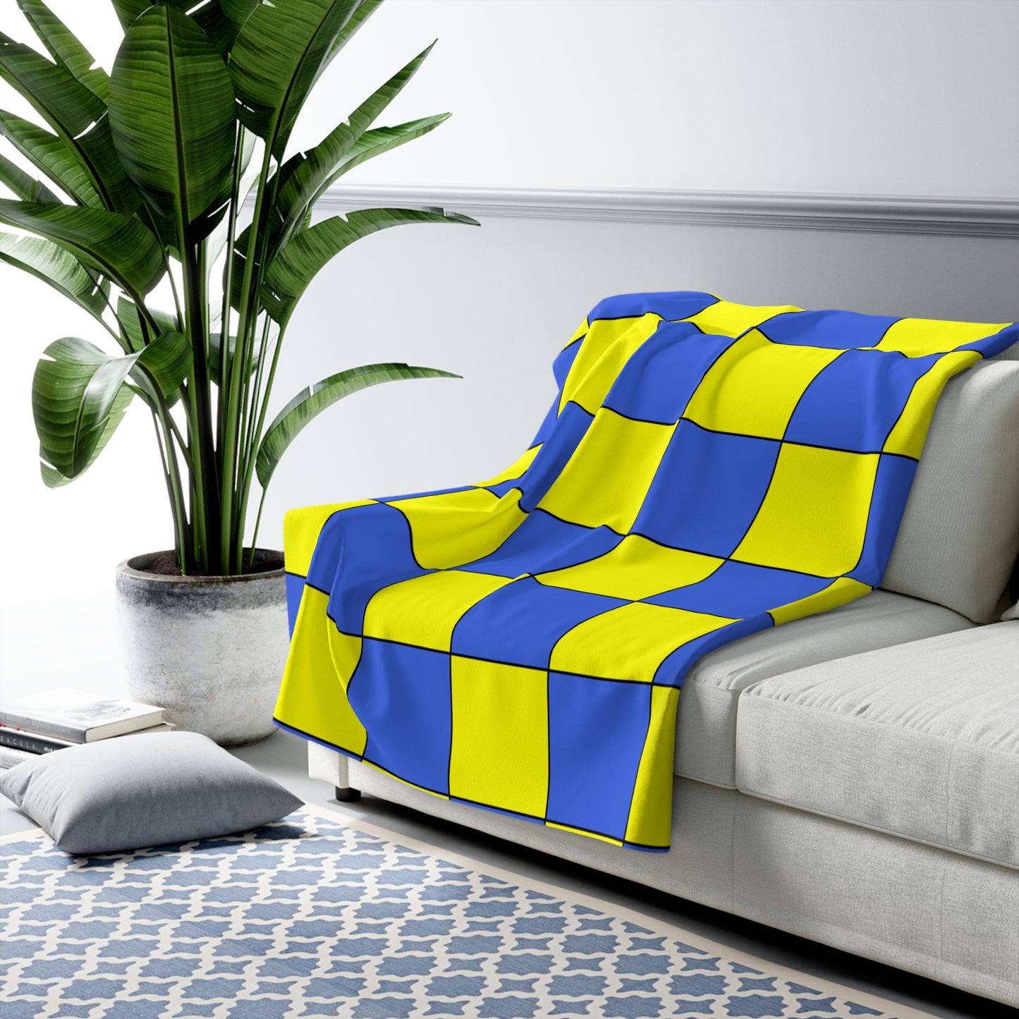 Royal Blue, Yellow Retro Check Blanket Throw