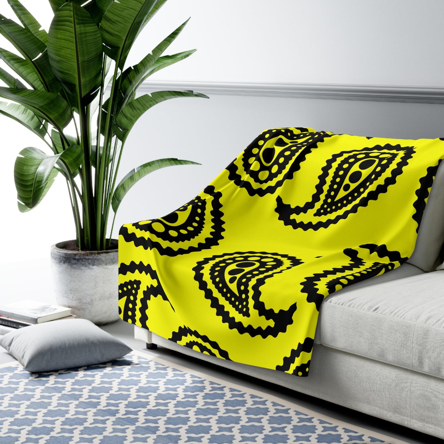 Yellow, Black Retro Paisley Blanket Throw