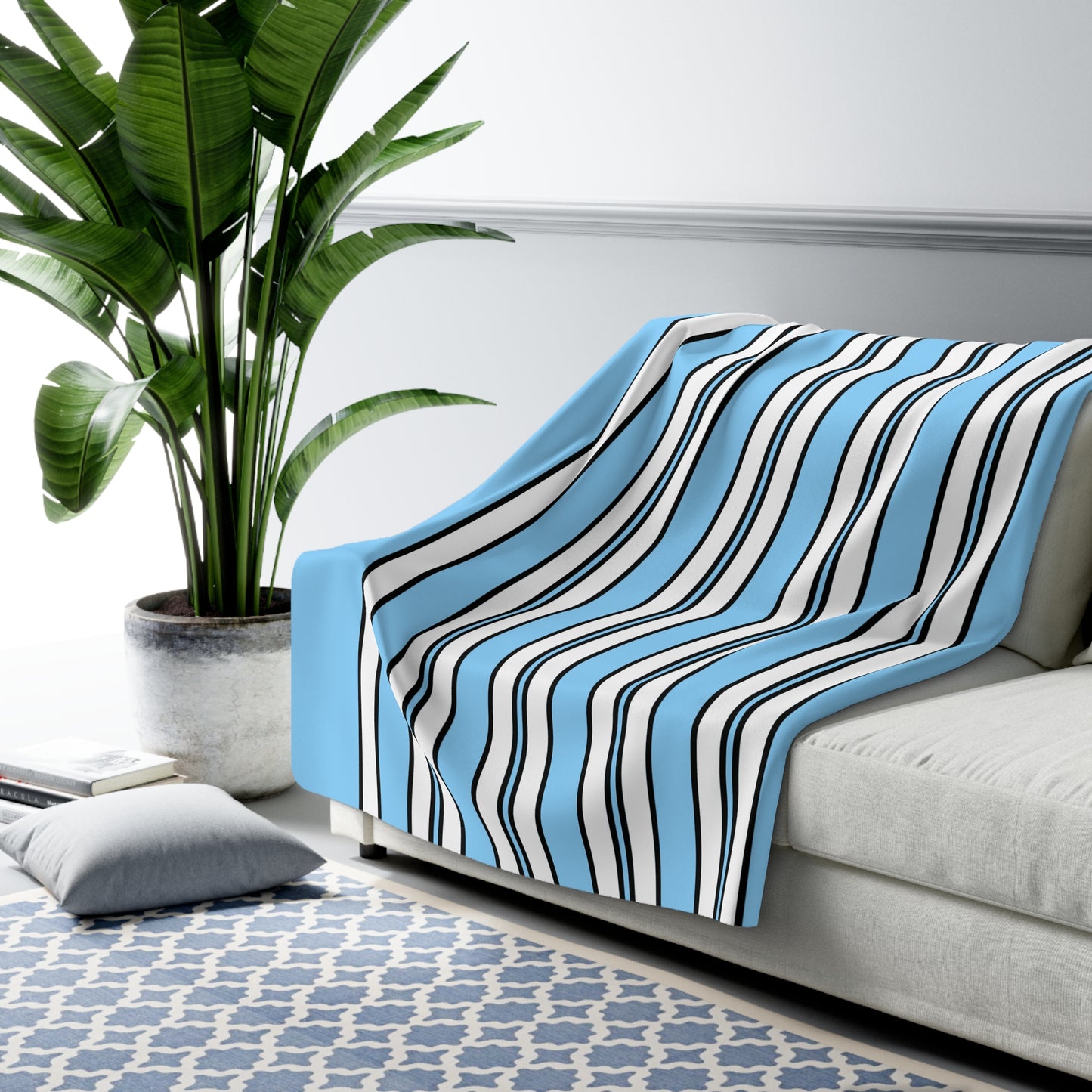 Light Blue, White Retro Stripes Blanket Throw