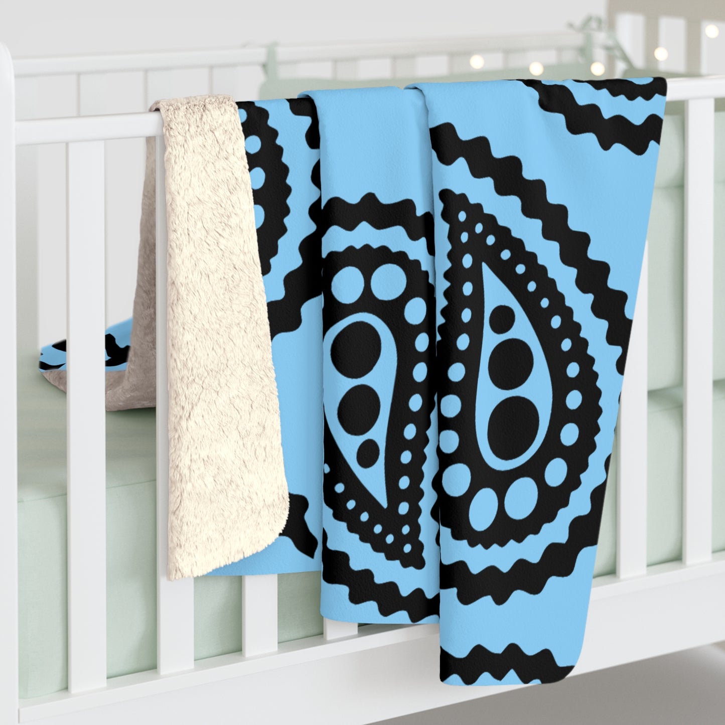Light Blue, Black Retro Paisley Blanket Throw