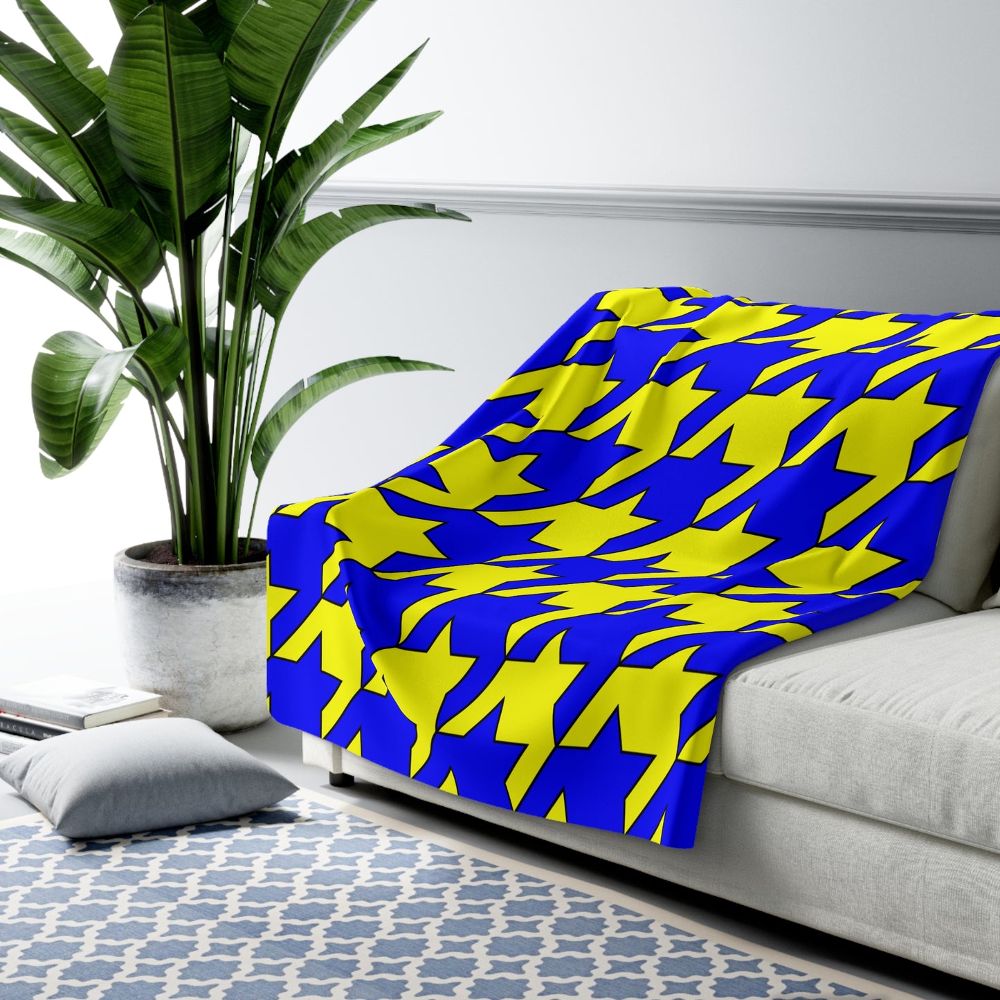 Yellow, Blue Retro Houndstooth Blanket Throw