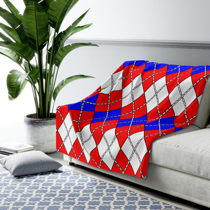Red, White, Blue Retro Argyle Blanket Throw