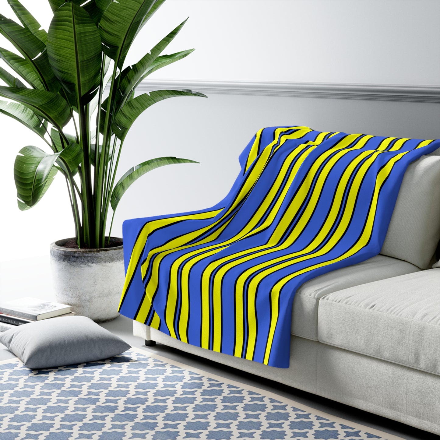 Royal Blue, Yellow Retro Stripes Blanket Throw
