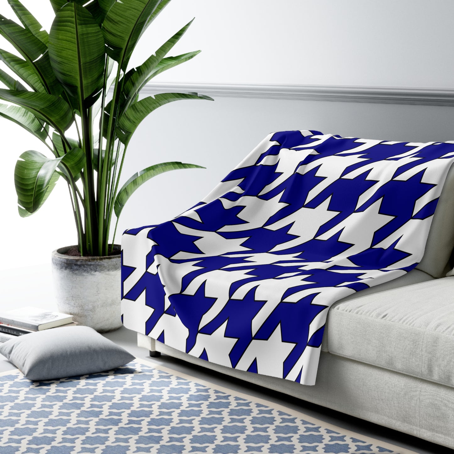 Dark Blue, White Retro Houndstooth Blanket Throw