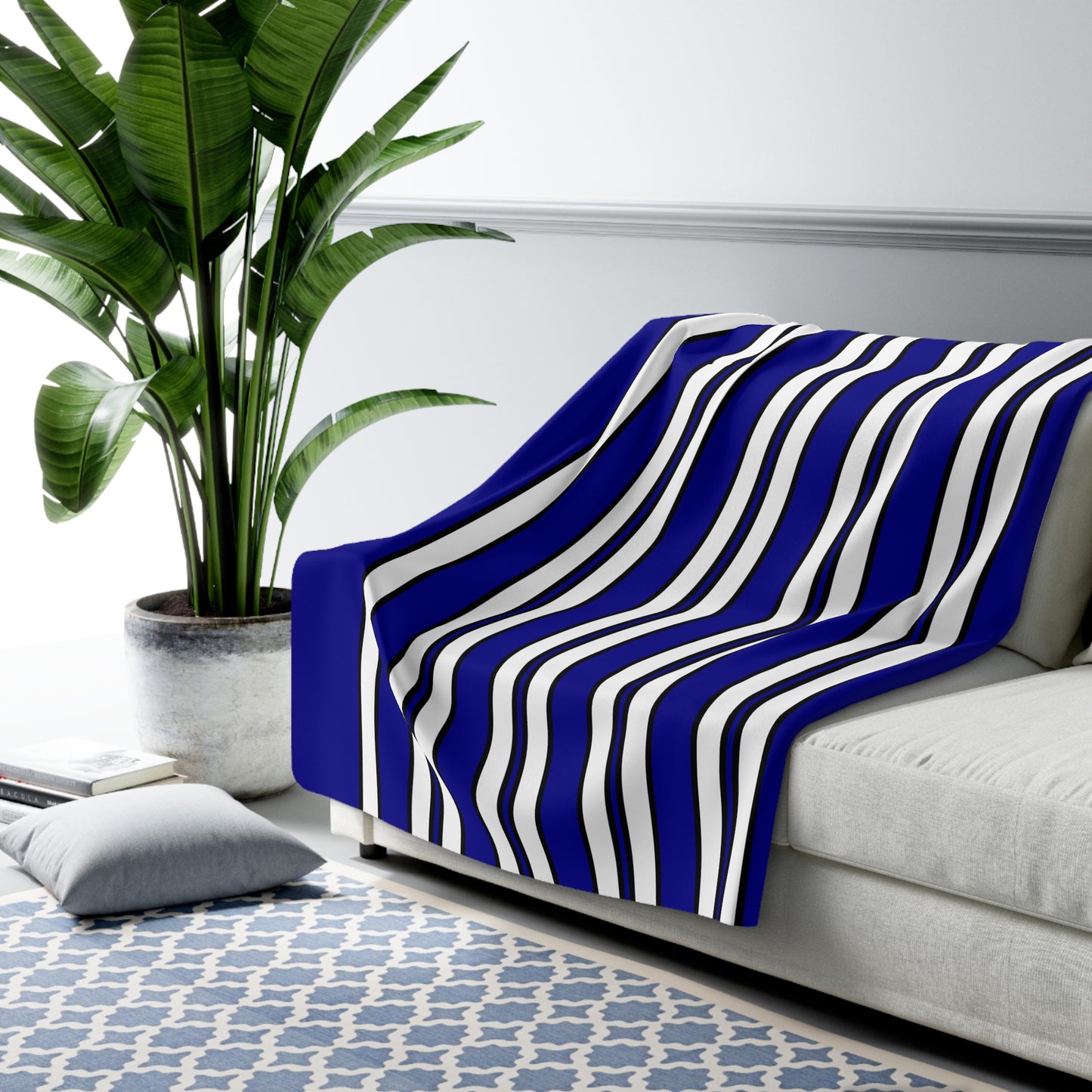 Dark Blue, White Retro Stripes Blanket Throw