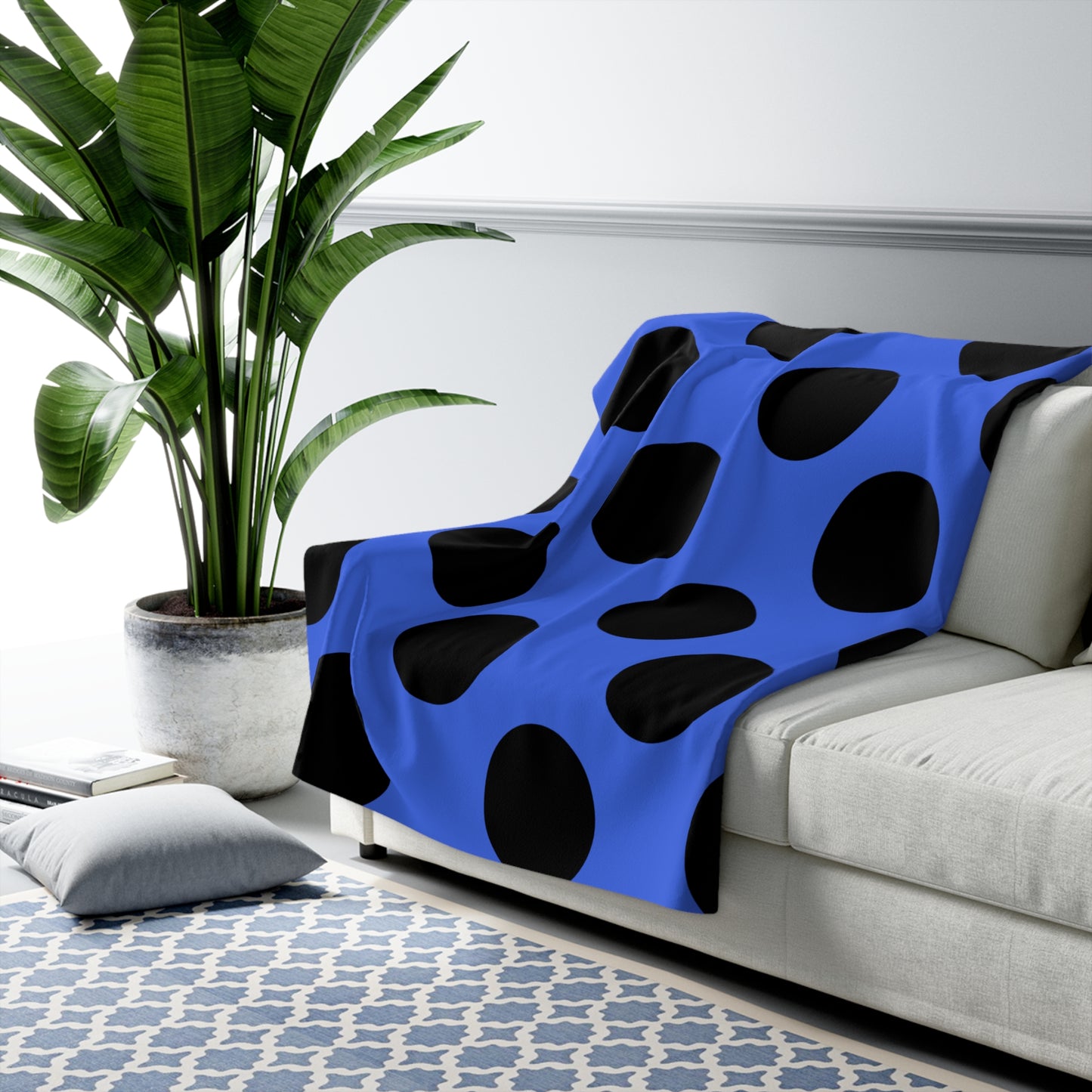 Royal Blue, Black Retro Polka Dots Blanket Throw