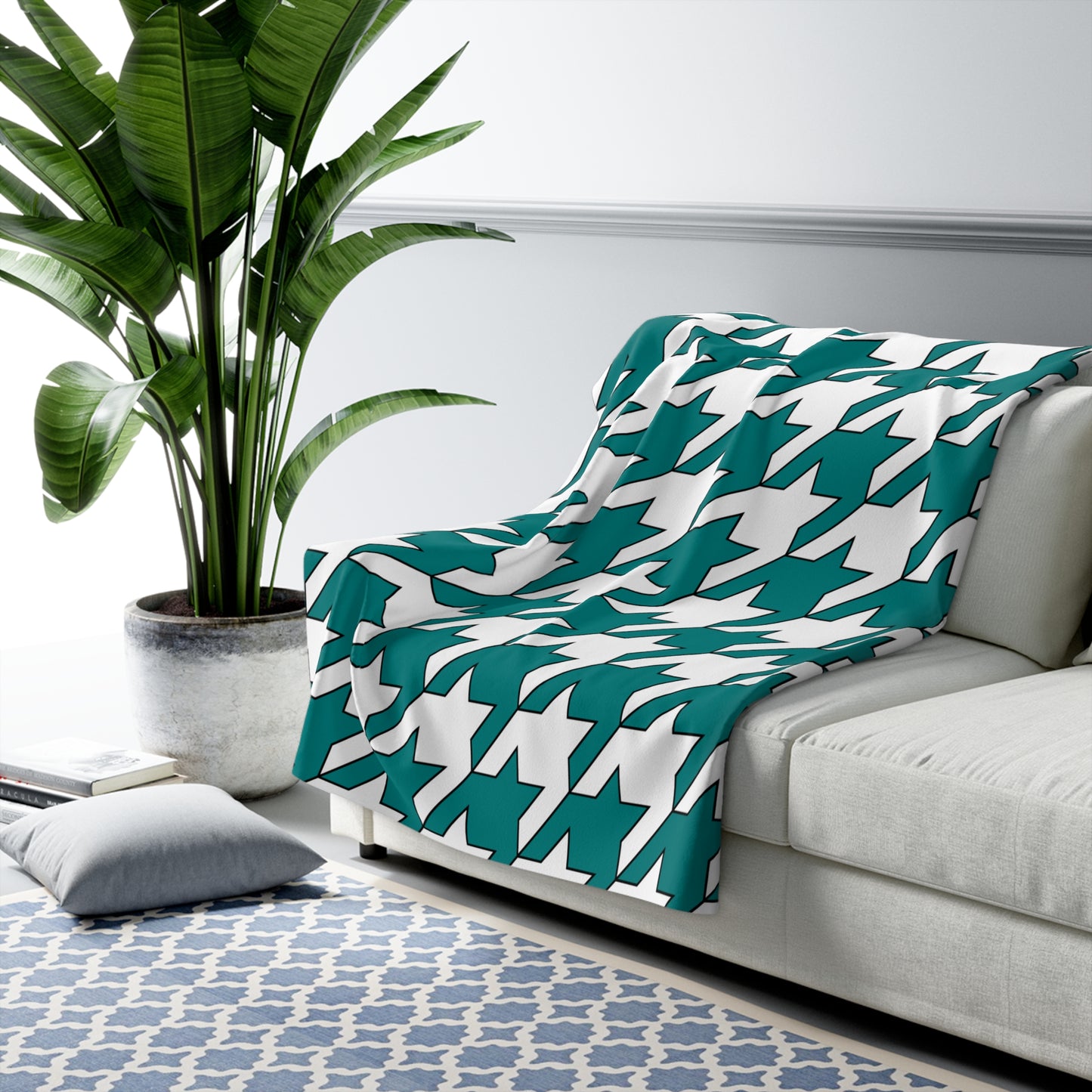 Teal, White Retro Houndstooth Blanket Throw