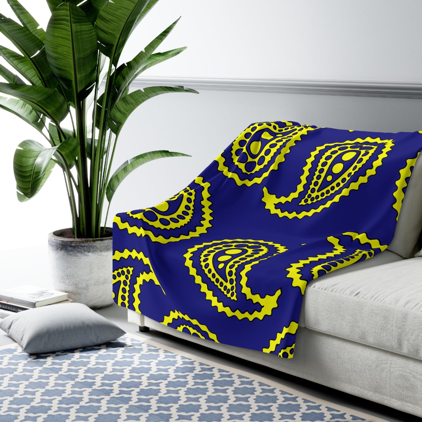 Navy Blue, Yellow Retro Paisley Blanket Throw