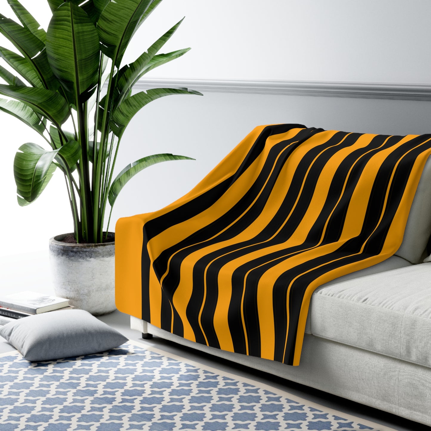 Orange, Black Retro Stripes Blanket Throw