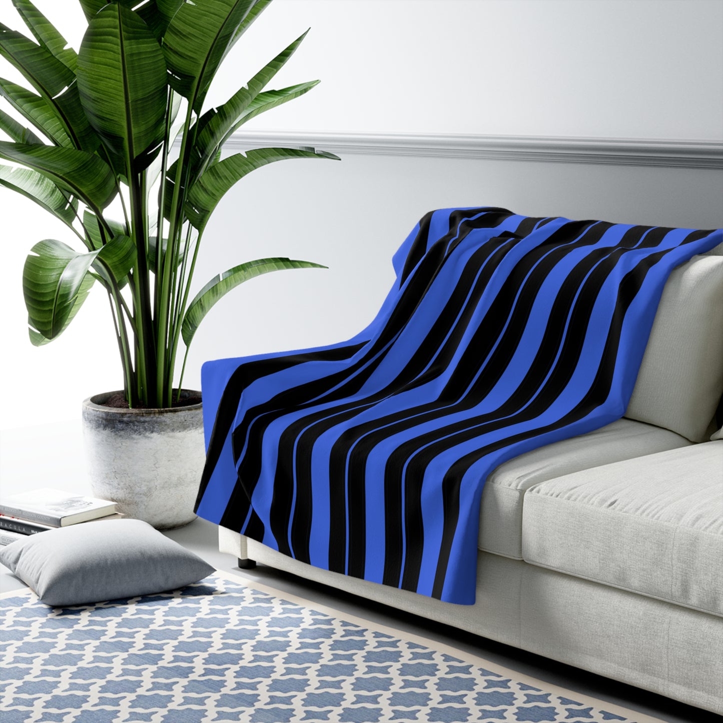 Royal Blue, Black Retro Stripes Blanket Throw