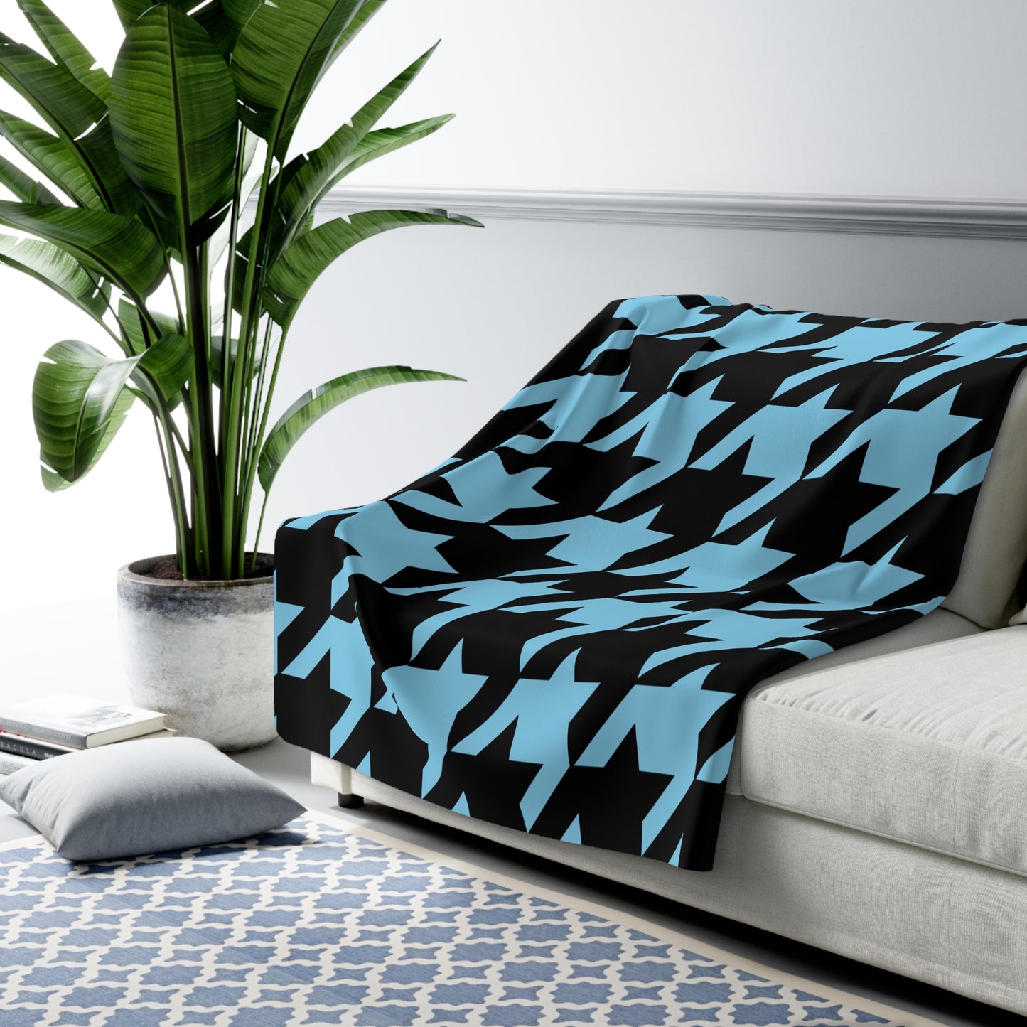 Sky Blue, Black Retro Houndstooth Blanket Throw