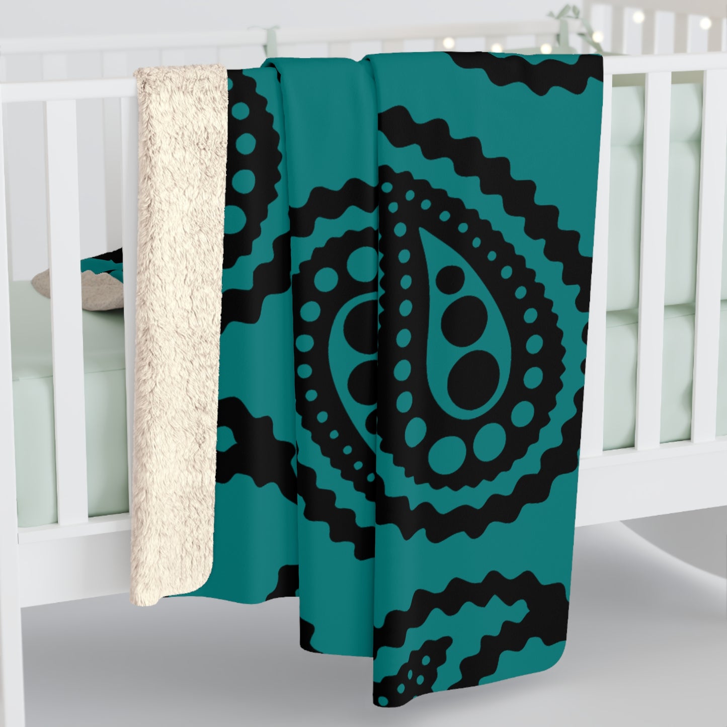Teal, Black Retro Paisley Blanket Throw