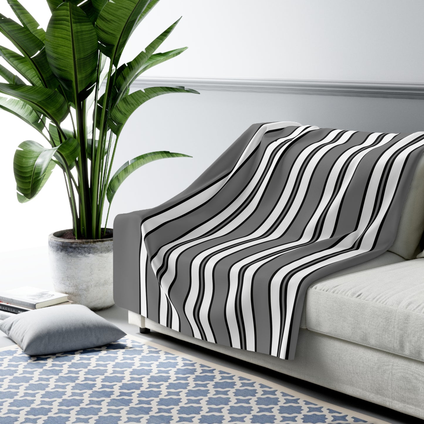 Grey, White Retro Stripes Blanket Throw