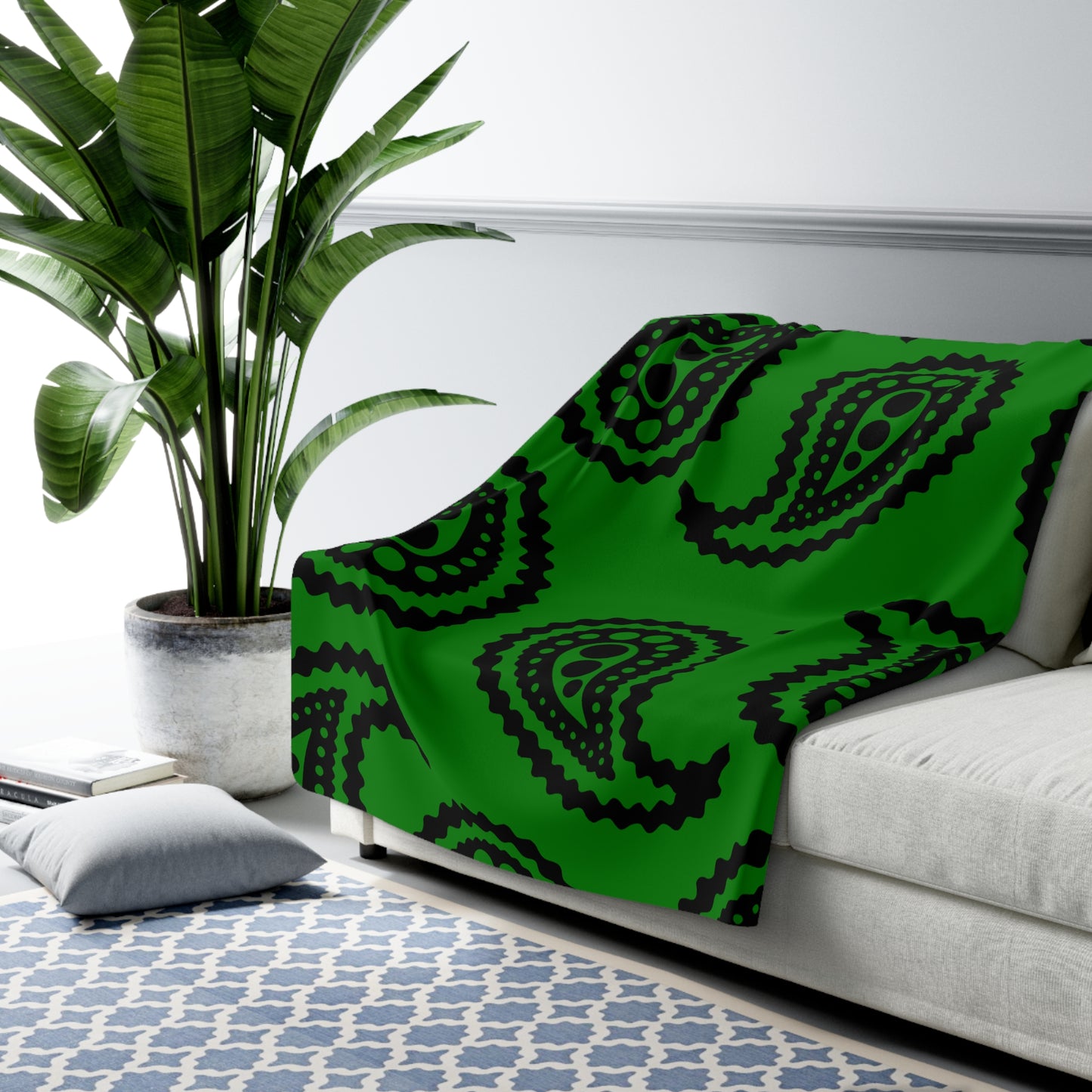 Green, Black Retro Paisley Blanket Throw