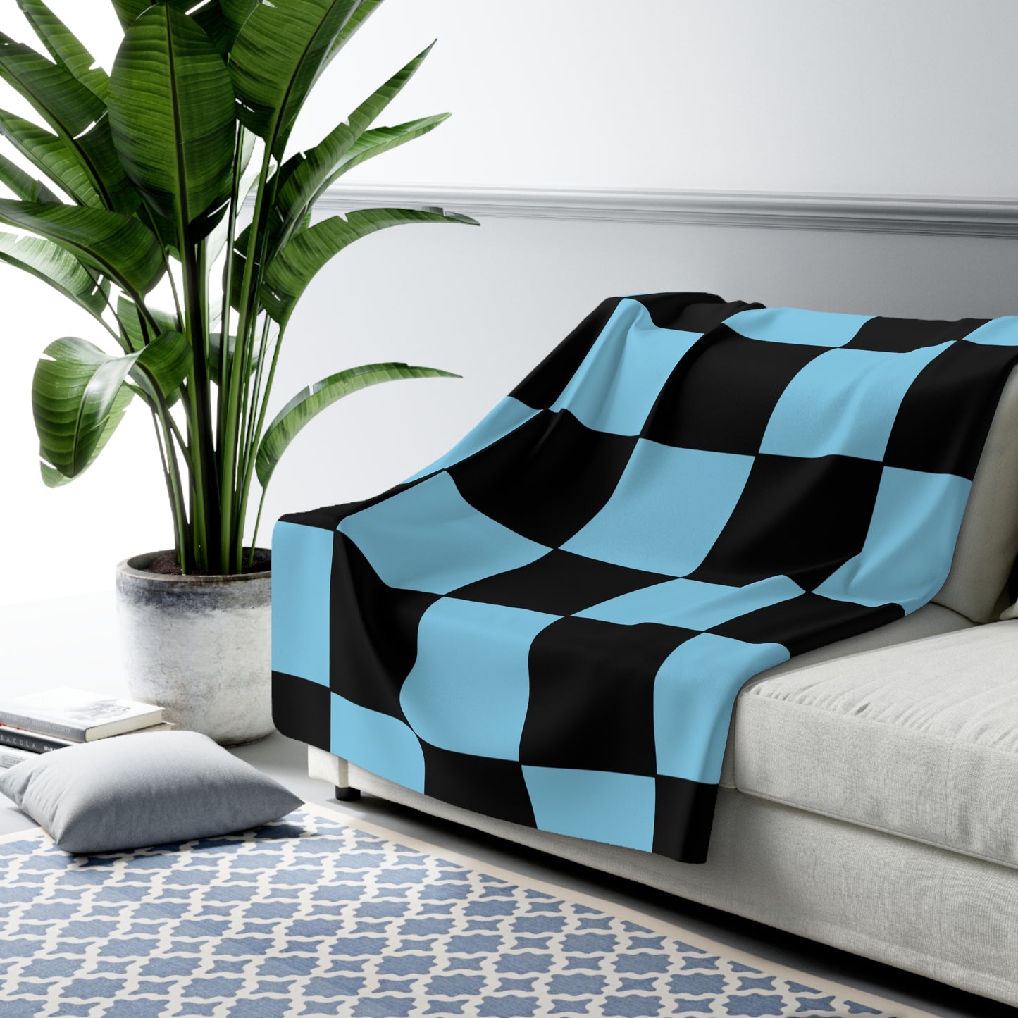 Sky Blue, Black Retro Check Blanket Throw