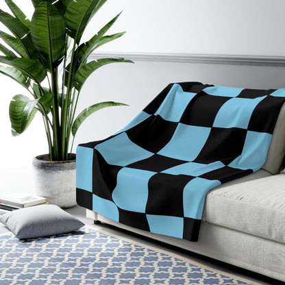 Sky Blue, Black Retro Check Blanket Throw