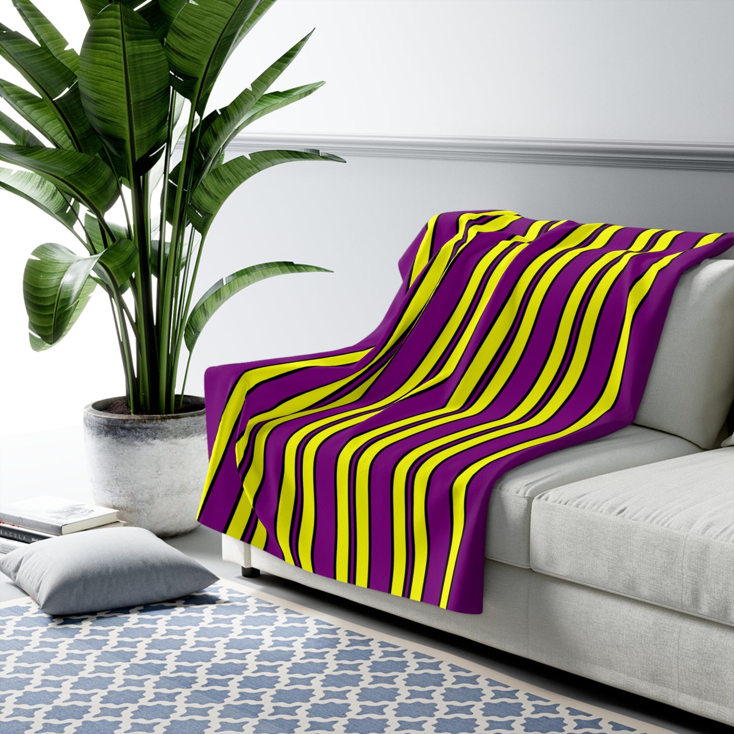 Purple, Yellow Retro Stripes Blanket Throw