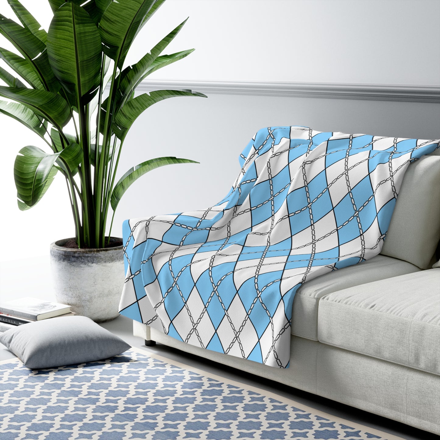 Light Blue, White Retro Argyle Blanket Throw