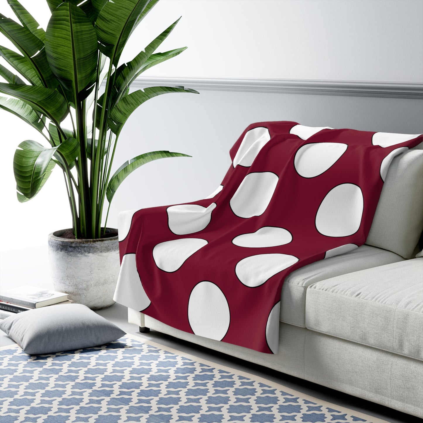 Claret, White Retro Polka Dots Blanket Throw