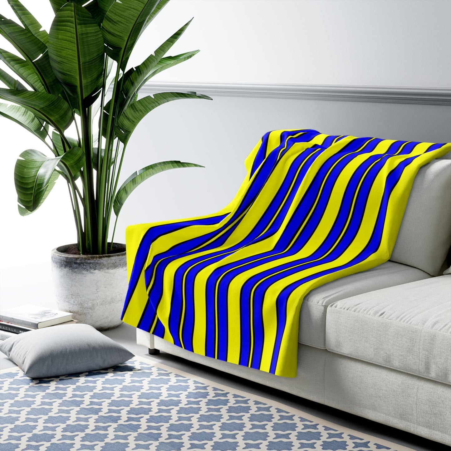 Yellow, Blue Retro Stripes Blanket Throw