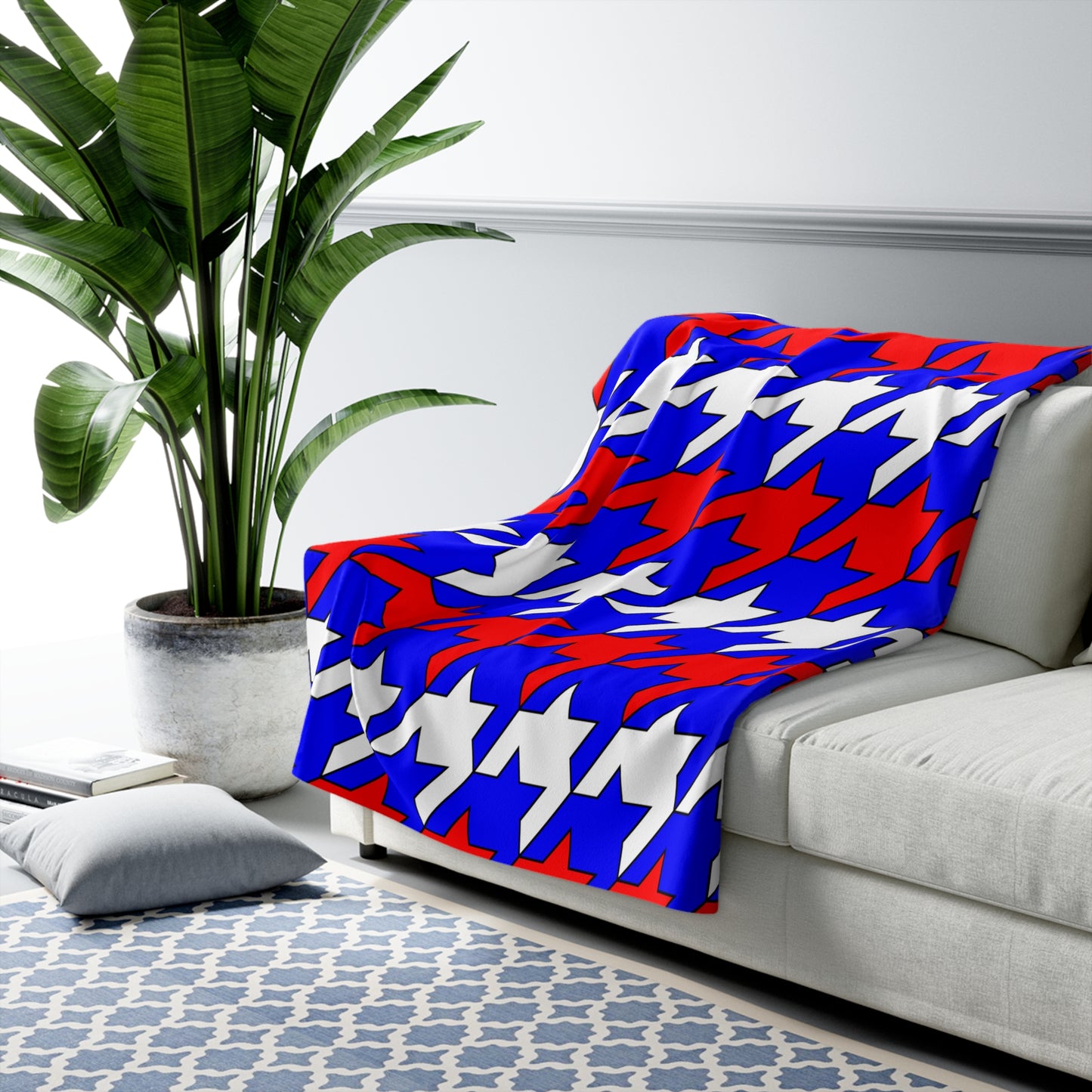 Blue, White, Red Retro Houndstooth Blanket Throw