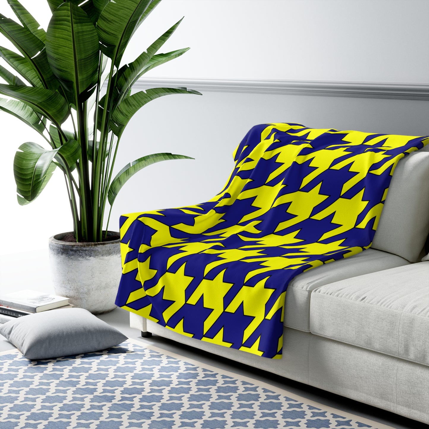 Navy Blue, Yellow Retro Houndstooth Blanket Throw