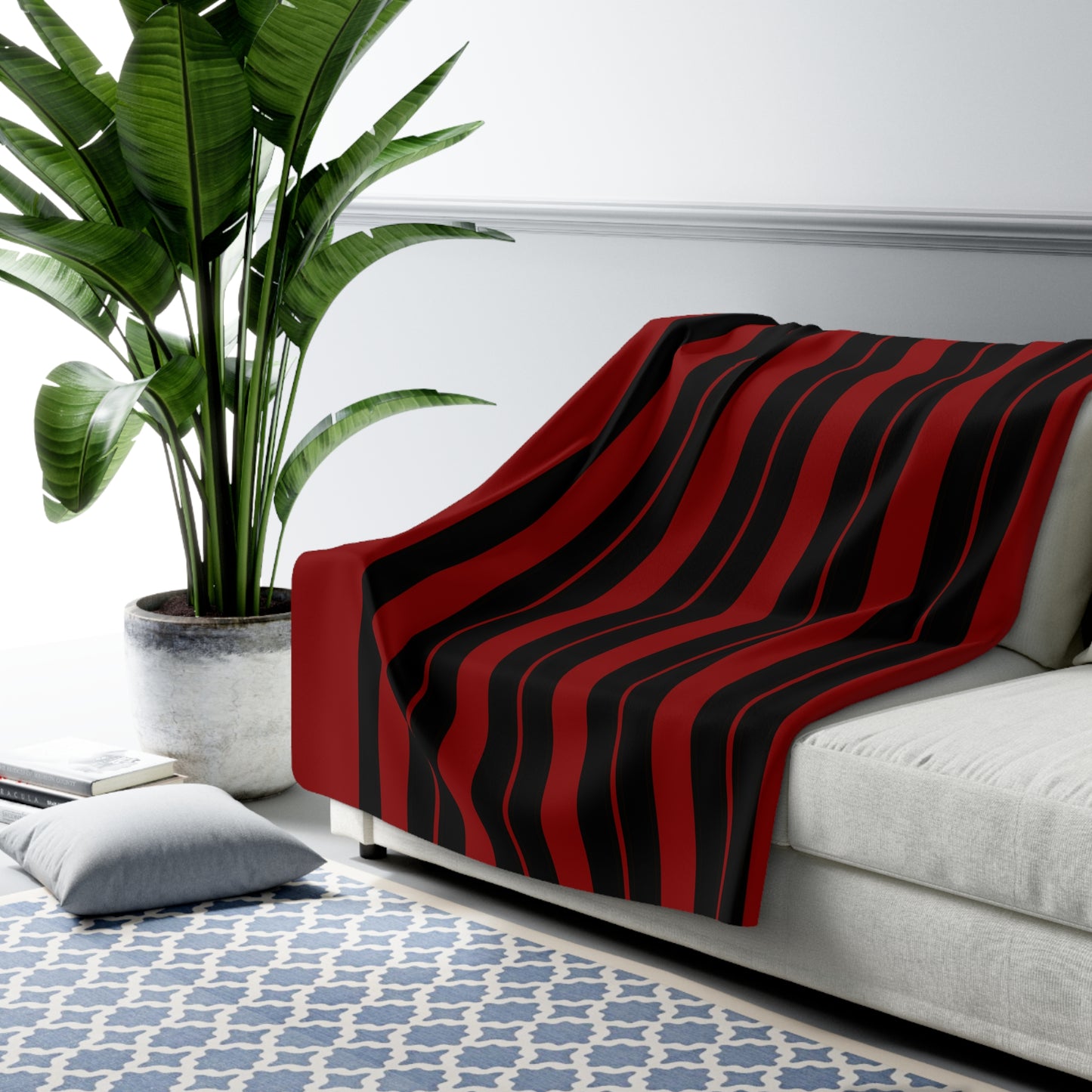 Dark Red, Black Retro Stripes Blanket Throw