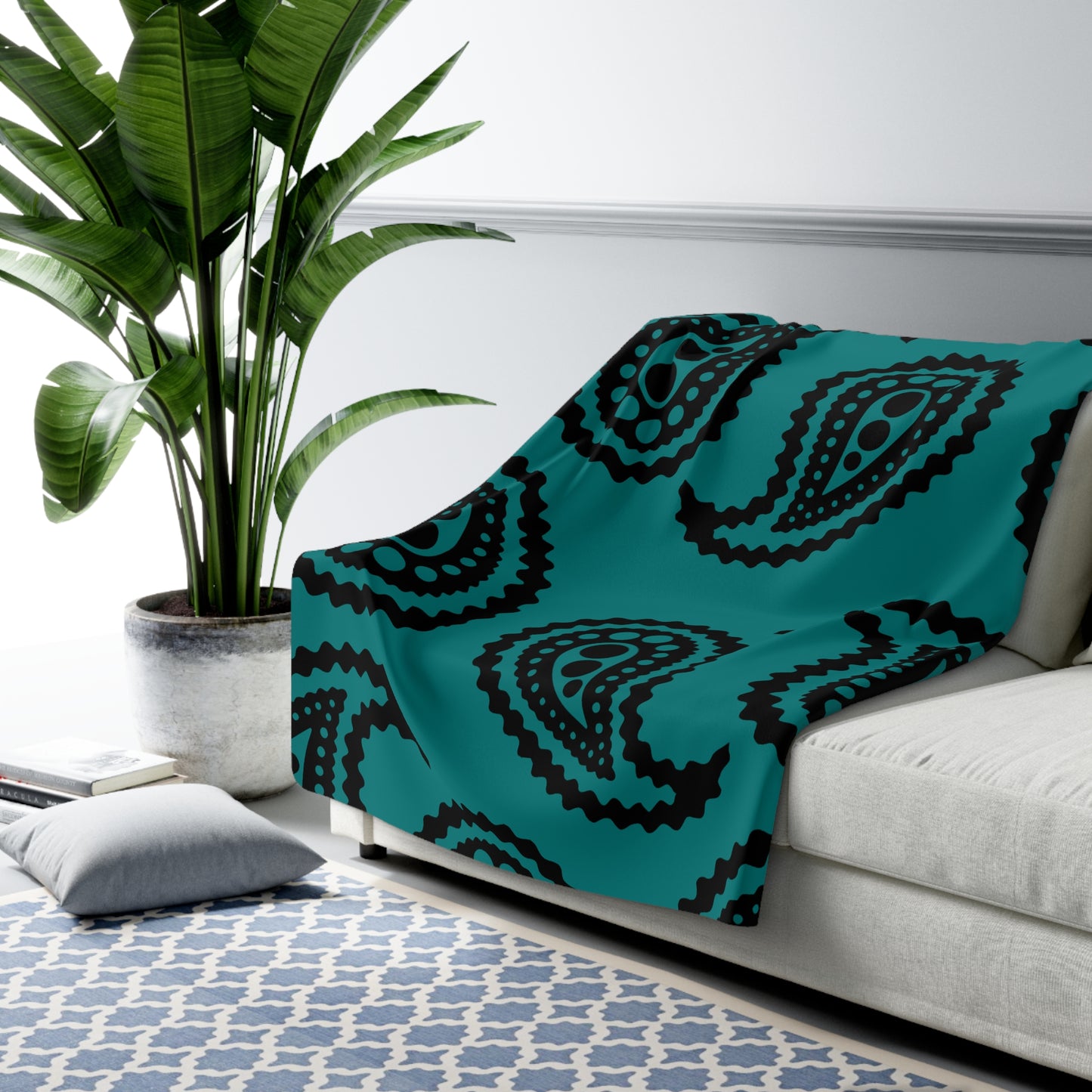 Teal, Black Retro Paisley Blanket Throw