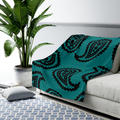 Teal, Black Retro Paisley Blanket Throw